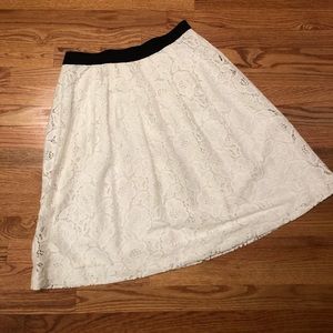 Loft White Lace A-Line Skirt with Black Ribbon